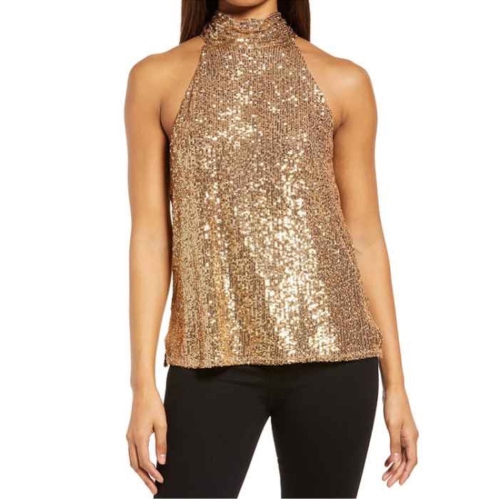 Halogen gold sequined halter top with tie back size medium.